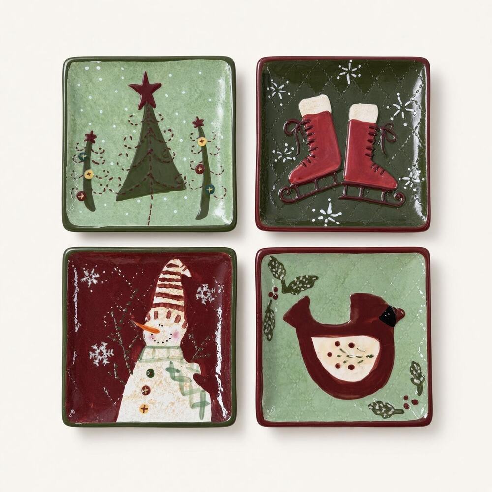 Cracker Barrel Christmas Quilt Appetizer Plates, Set of 4 Square Holiday Dishes